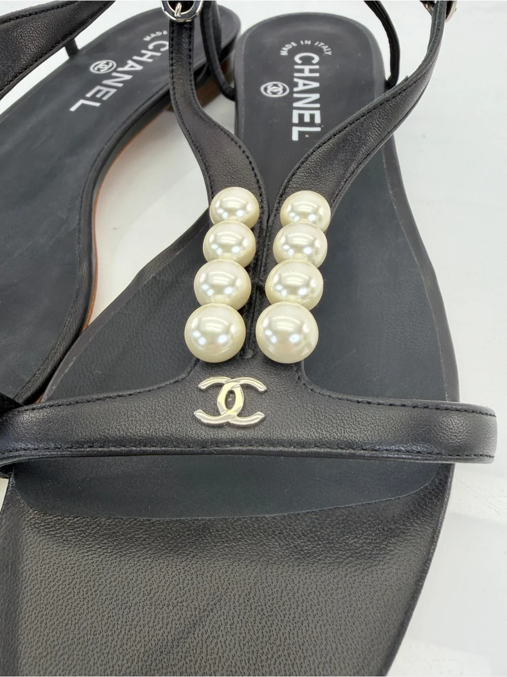 CHANEL Black Leather Pearl-Embellished T-Strap Sandals 38.5